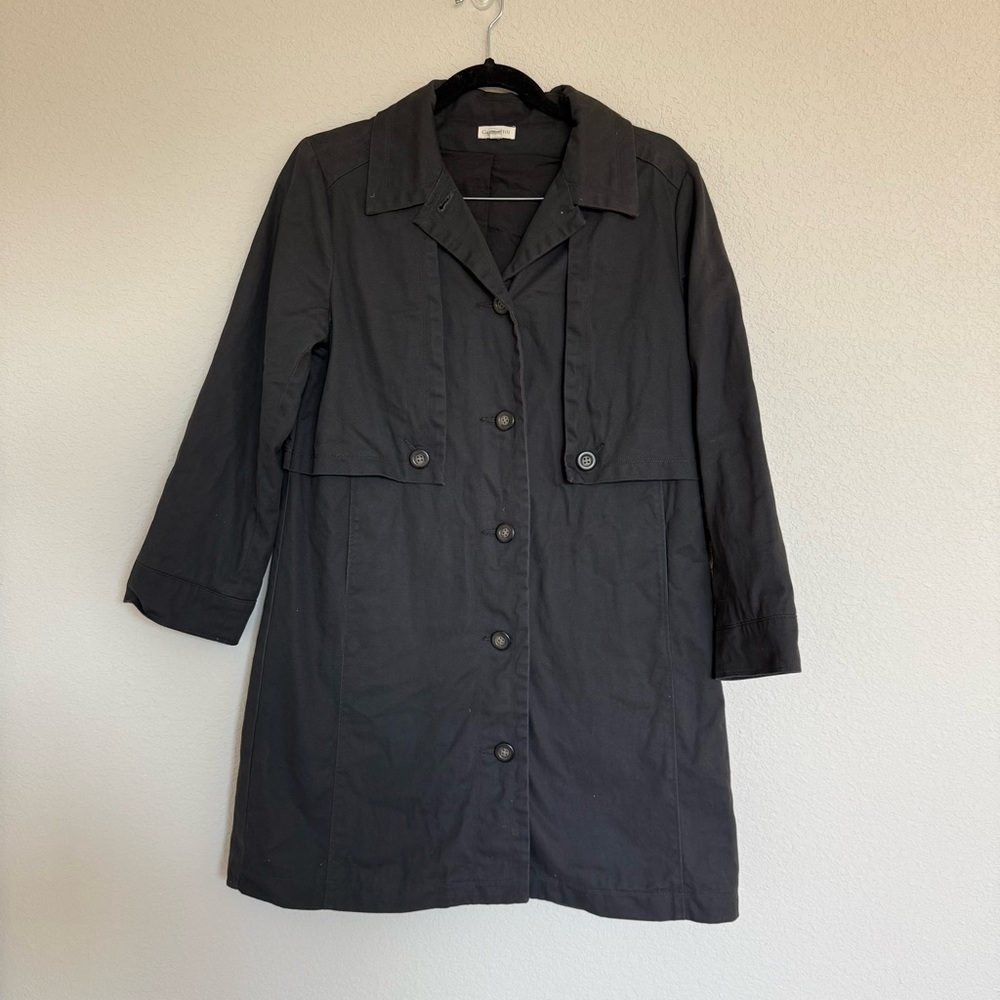 Garnet Hill Black Organic Cotton Trench Coat Jacket Size 8 Storm Flap Mid Length